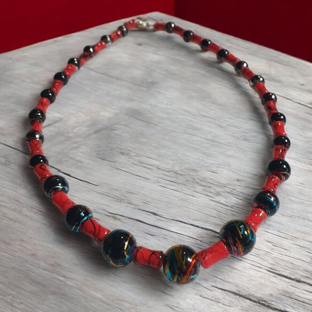 Gothic Necklace Handcrafted Red Black Painted Beaded Necklace T Clasp